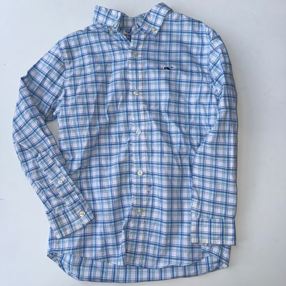 VINEYARD VINES Boys 6 Blue Plaid Long Sleeve On The Go Performance Button Up G9